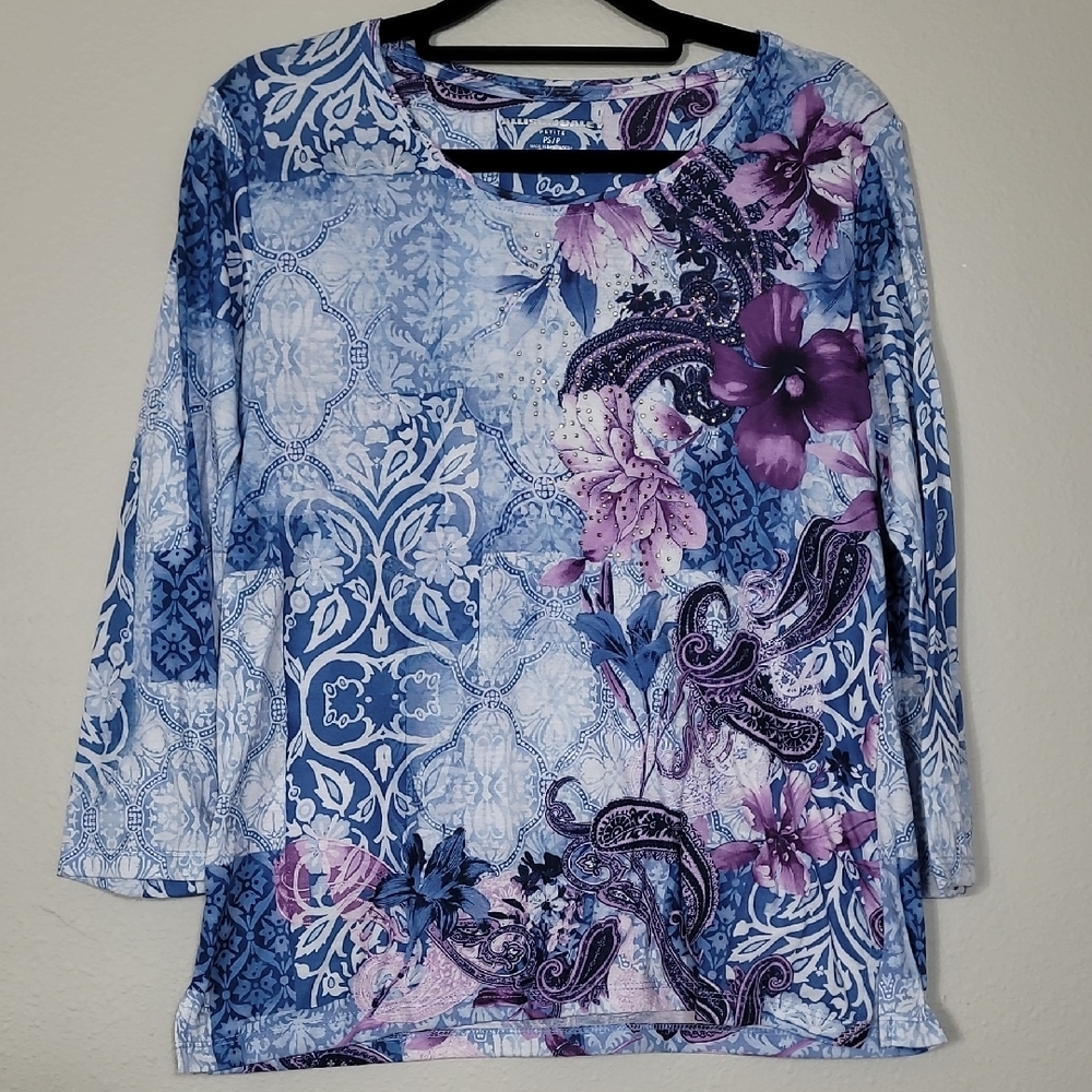 Vintage Y2K Art to Wear T-Shirt Top Size S Blue Purple Floral Womens Rhinestone